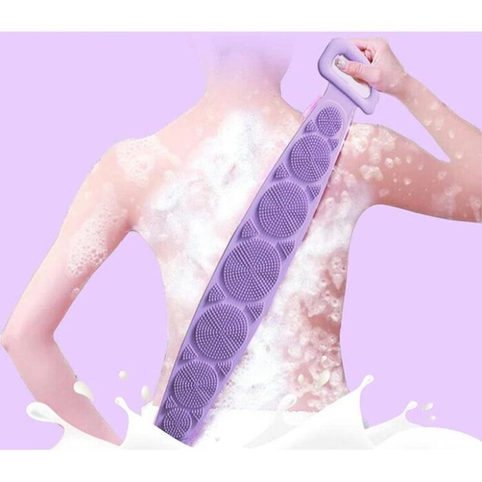 Perie de corp tip banda 2in1 pentru baie, din silicon pentru curatare, exfoliere si masaj corporal, mov 70 cm - imagine 3
