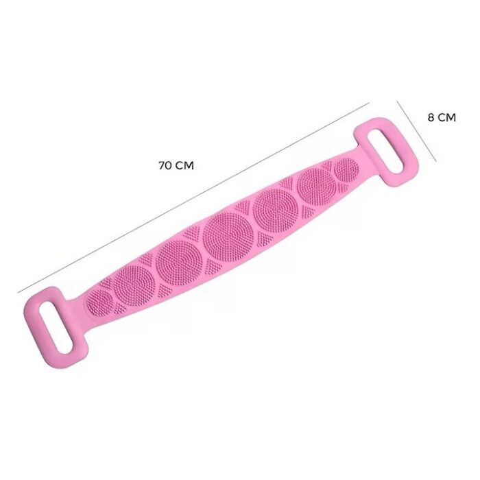 Perie de corp tip banda 2in1 pentru baie, din silicon pentru curatare, exfoliere si masaj corporal, roz 70 cm - imagine 3