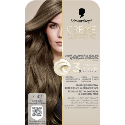 Vopsea de par permanenta cu amoniac Schwarzkopf Creme Supreme, 7-42 Blond, 182 ml