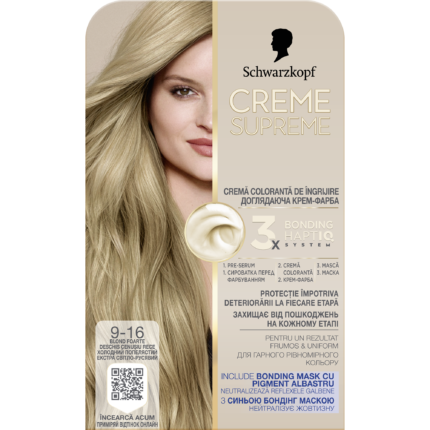 Vopsea de par permanenta cu amoniac Schwarzkopf Creme Supreme, 9-16 Blond Foarte Deschis, 182 ml