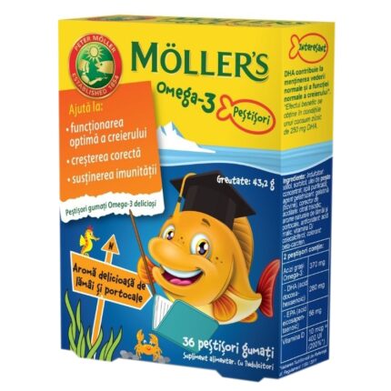 Peștișori gumați Omega 3 Möller's, cu aromă de lămâie și portocale, 36 jeleuri