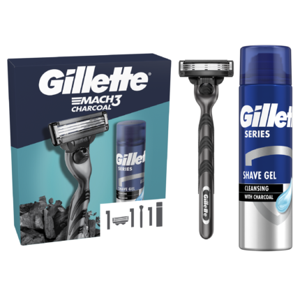 Set cadou Gillette Mach3: Aparat de ras + Gel de ras cu efect calmant, 75 ml + Cutie reutilizabila