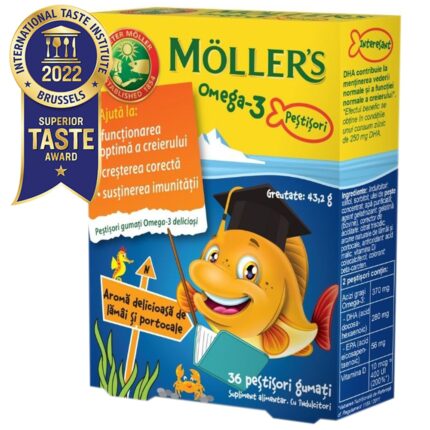 Peștișori gumați Omega 3 Möller's, cu aromă de lămâie și portocale, 36 jeleuri