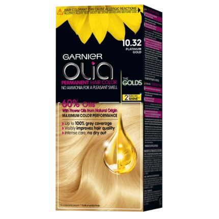 Vopsea de par permanenta fara amoniac Garnier Olia 10.32 Blond Foarte Deschis Auriu Platinat, 112ml